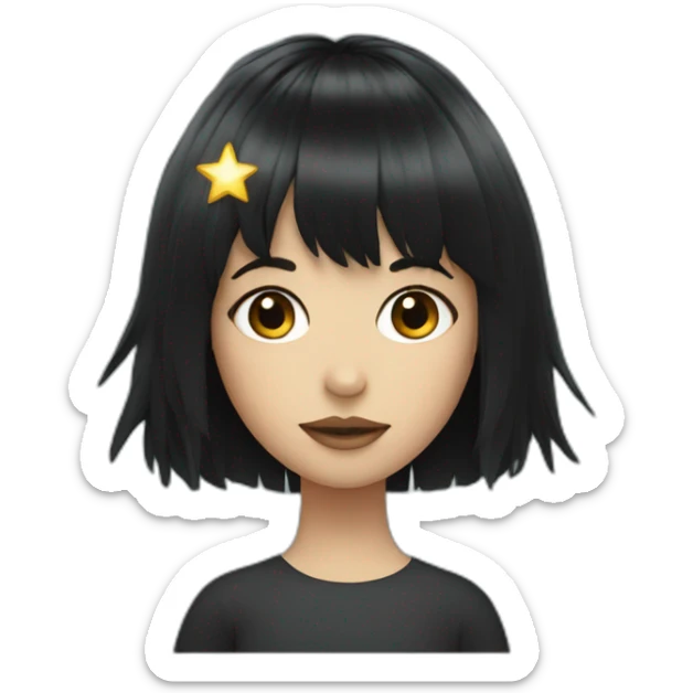 dark haired girl with fringe and face made of a star sticker