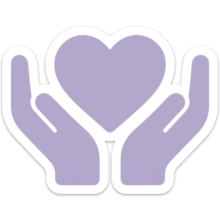 dull purple heart hands icon, hands outlined in black, heart shape in the center, pale purple color palette sticker