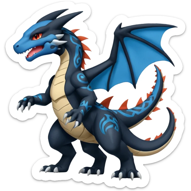 Black and Blue Charizard-Stitch-Zekrom-Salandit-Sneasel-fusion, full body, tribal markings  sticker
