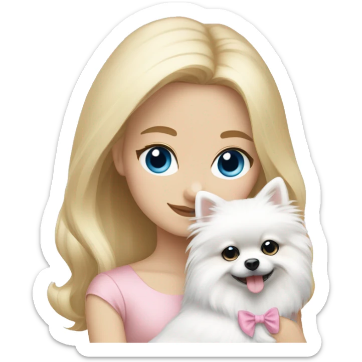 Blond girl white skin blue eyes hugging white Pomeranian with light pink bow sticker
