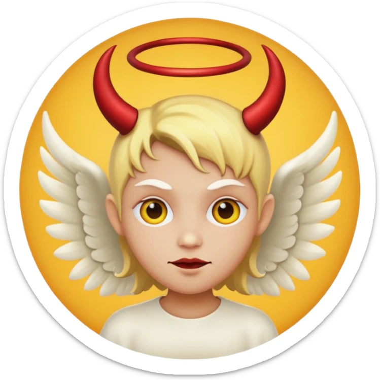 mush up the devil emoji with the angel one, I want it to be angel with devil horns, make it the classic yellow circle face sticker