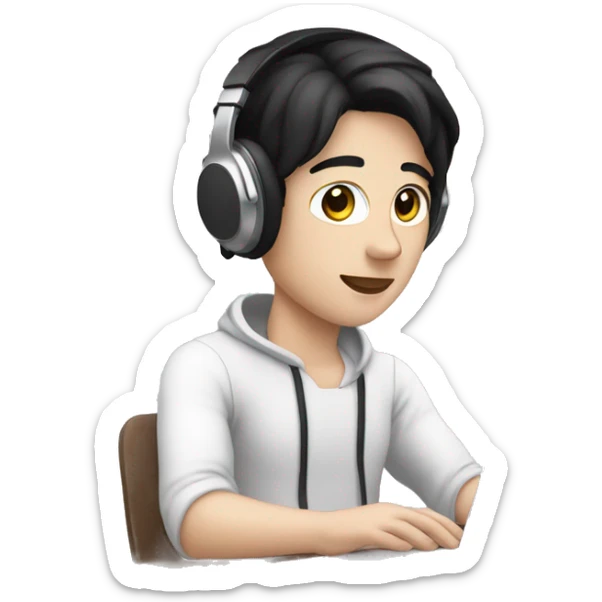 A white skinned person with black hair and brown eyes editing videos on laptop with headphones sticker