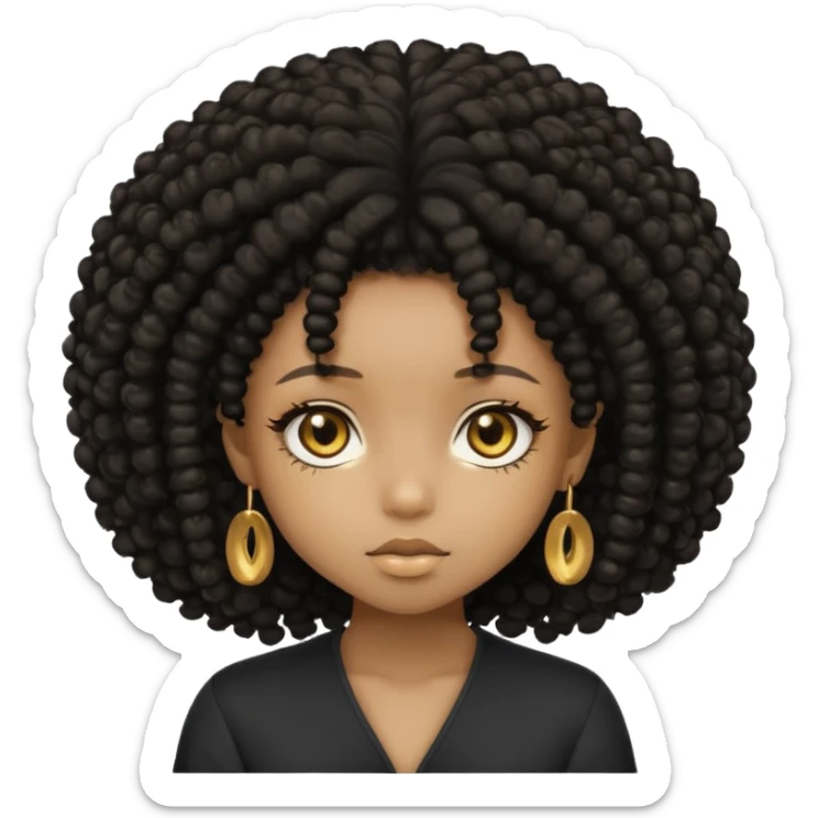 Create the same black chibi girl with long afro hair and beautiful gold eyes 20 times with different expression sticker