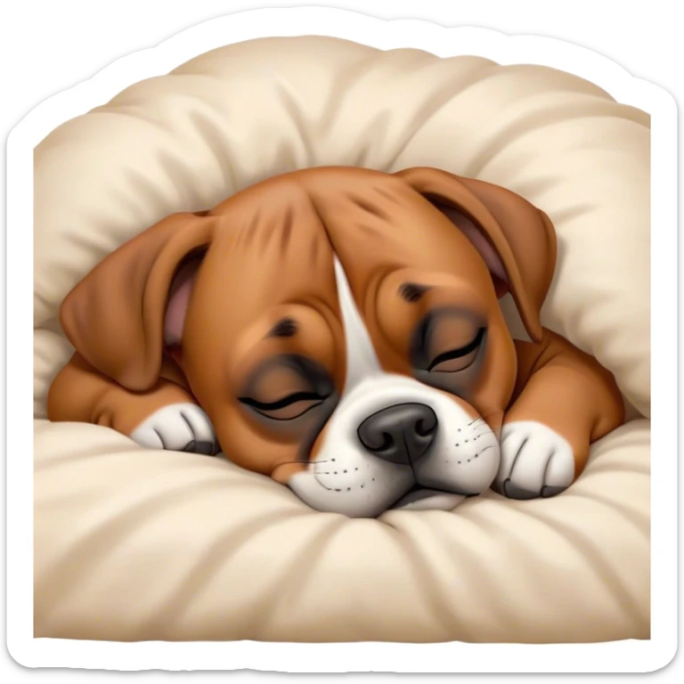 Cinematic Meme-Worthy cute Sleeping Boxer dog Portrait Emoji, Head resting peacefully with a contented smile, showcasing a delightfully cute build and a luxuriously soft fawn fur, eyes shut in a serene nap, Simplified yet hilariously adorable features, highly detailed, glowing with a soft, drowsy light, high shine, relaxed and utterly lovable, stylized with an air of playful laziness, bright and heartwarming, soft glowing outline, capturing the essence of a comically sleepy Boxer, so meme-worthy it feels like it could instantly become the next viral sensation of adorable slumber! sticker