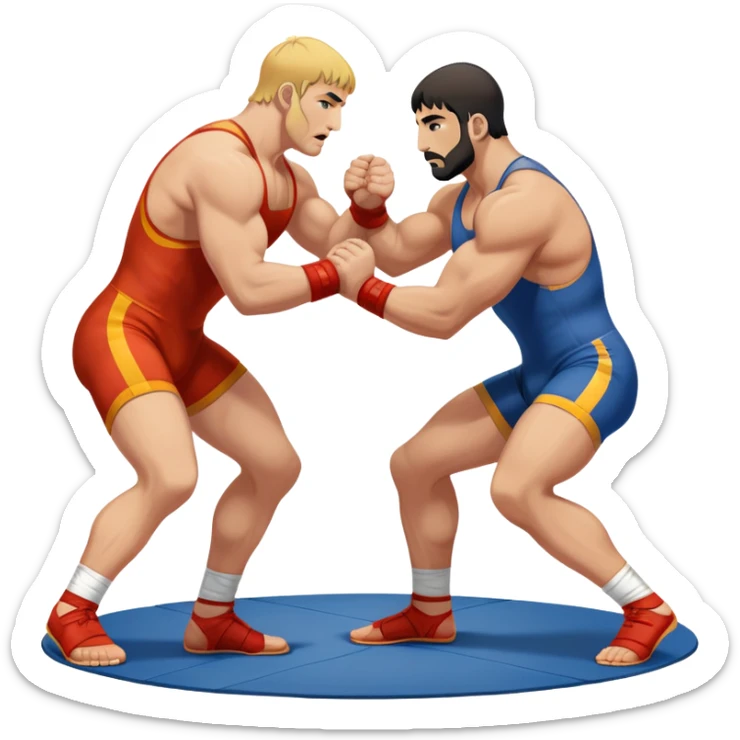 An icon symbolizing Greco-Roman wrestling, showing two wrestlers locked in a powerful grip, focusing on upper-body techniques. The background features a wrestling mat, with the athletes wearing traditional singlets. Transparent background highlights the strength and skill of the sport. sticker