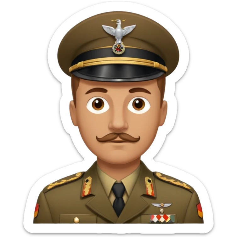 A Caucasian man with brown hair. He has a buzz cut and a brown mustache (not a handlebar mustache) and he’s wearing a German 1940 war uniform sticker