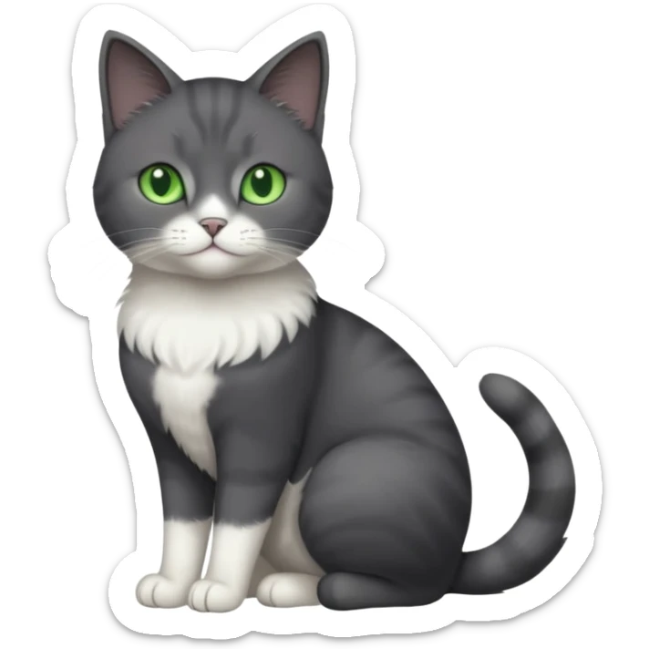 full body view of beautiful female solid dark grey cat with green eyes, white toes and white patch on chest sticker