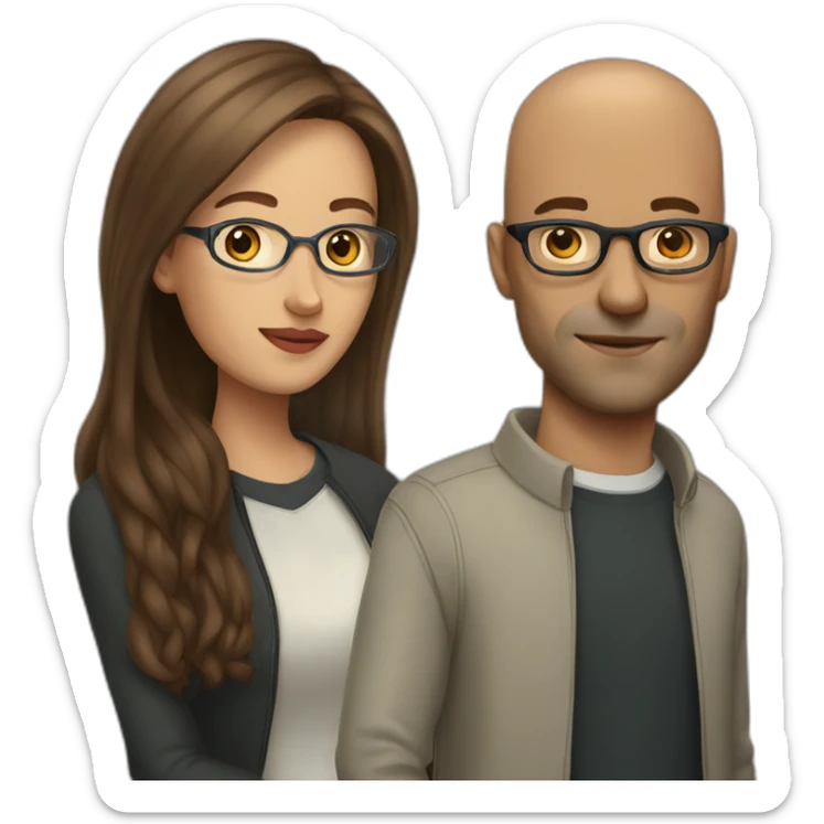 woman with long brown hair and bald man with glasses sticker