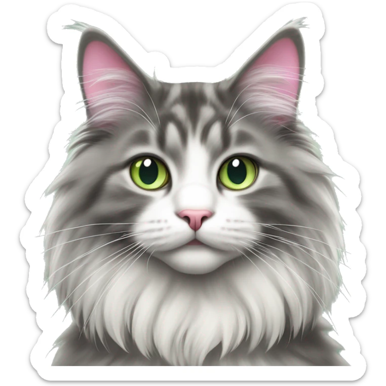 Grey and white Norwegian forest cat with pink nose and green eyes sitting up  sticker