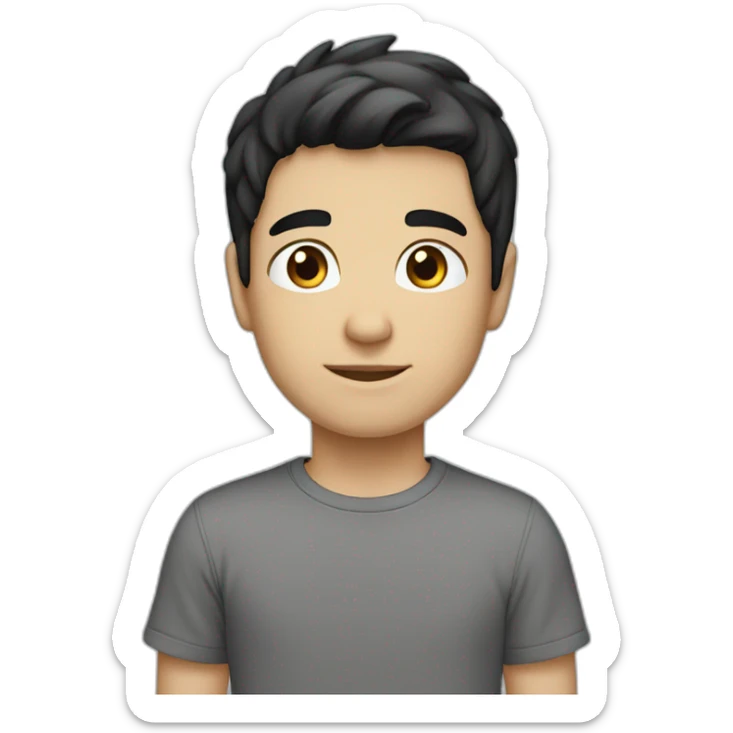 Boy white skin black hair brown eyes gray t-shirt sticker