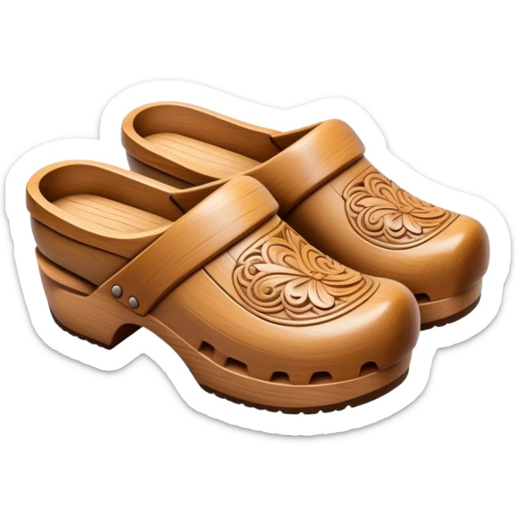 Cinematic Realistic Wooden Clogs Emoji, depicted as a pair of traditionally carved wooden clogs with intricate details and rustic charm. sticker
