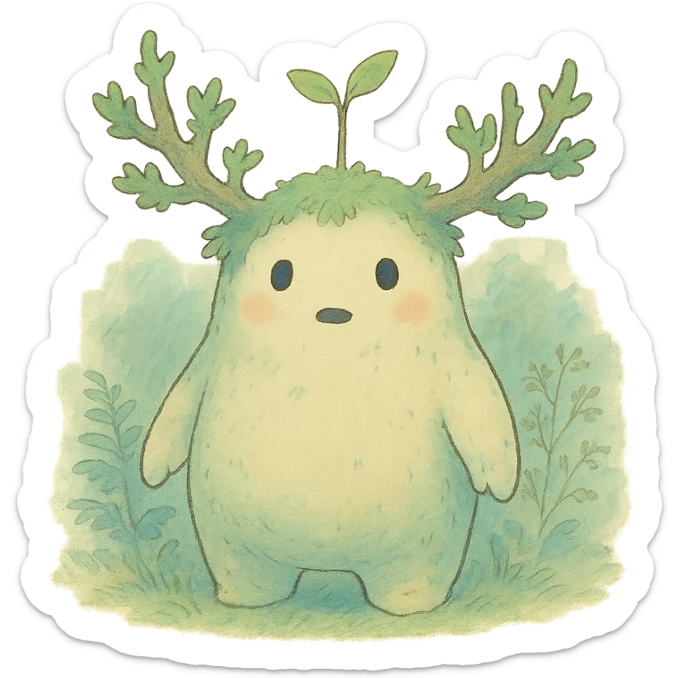 forest spirit character in ghibli style with soft colors and whimsical atmosphere sticker