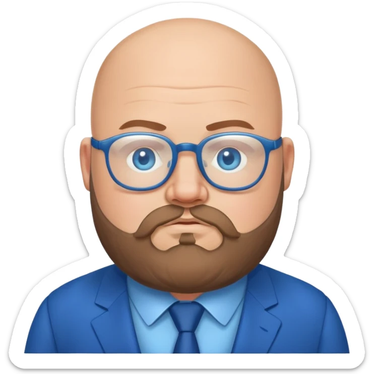 blue-eyed overweight bald man with a beard in a blue suit with glasses sticker