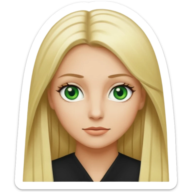 Blonde with straight hair and green eyes and a black tilde  sticker