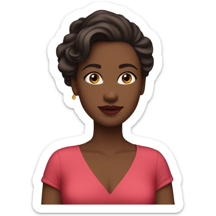 She is white, she has soft features, fair skin, and almond-shaped eyes. Her defined eyebrows and natural pink lips frame her face. Her dark, wavy hair is partially tied back, giving her an elegant yet relaxed look. She wears a luxurious red V-neck dress.
 sticker