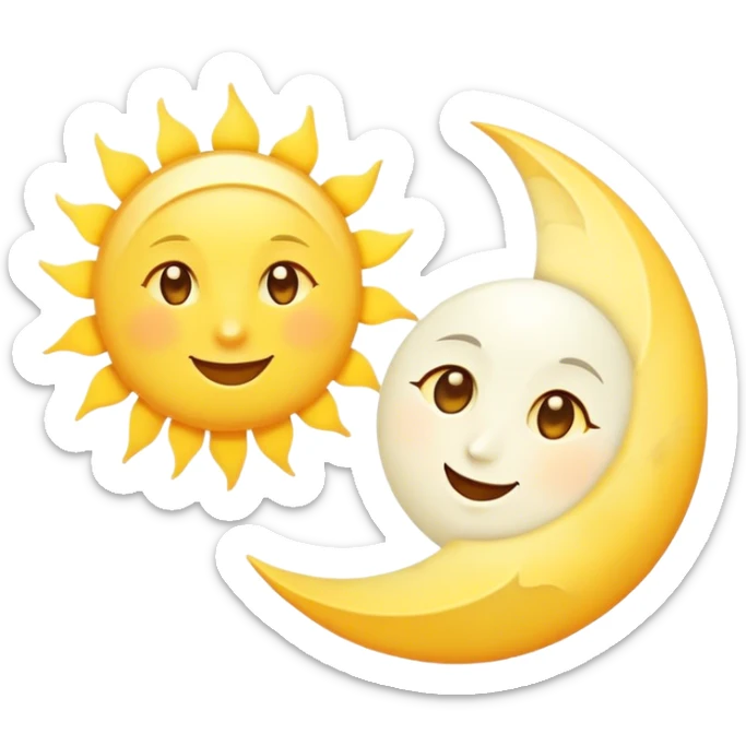 a really bright  big sun and a small moon who shines because of it. the sun is bigger and the tiny \moon bright too beside it smiling looking at each other sticker