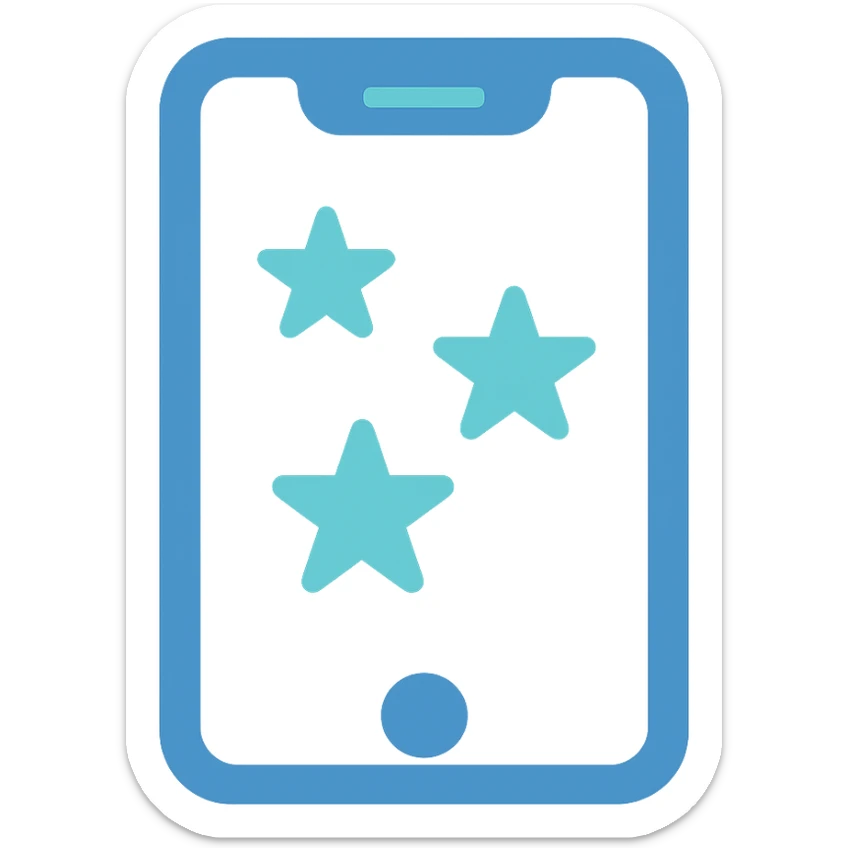 Smartphone icon with three stars, flat emoji style, outline with blue and turquoise colors, screen filled solid white sticker