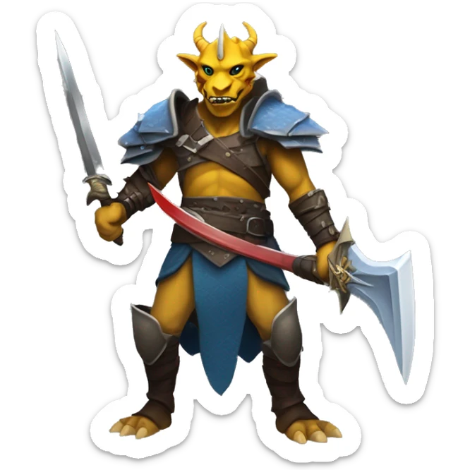     Tall Dragonborn fighter with twin swords  with red blades and yellow Handels and blue scales and black horns   sticker