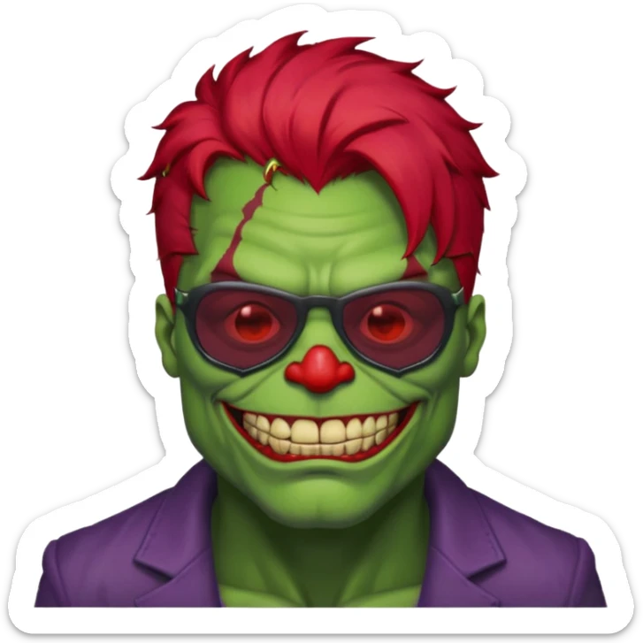 Zombie hulk with sun glasses and red hair and joker nose sticker