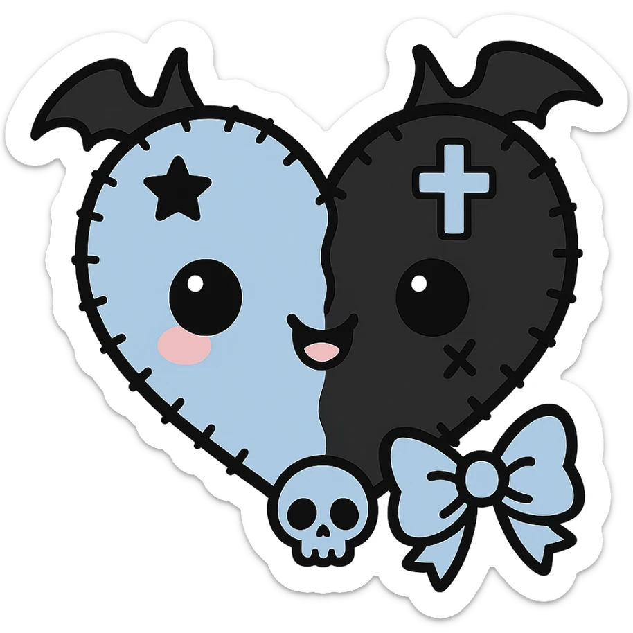 pastel goth heart with baby blue and black, gothic style, kawaii sticker