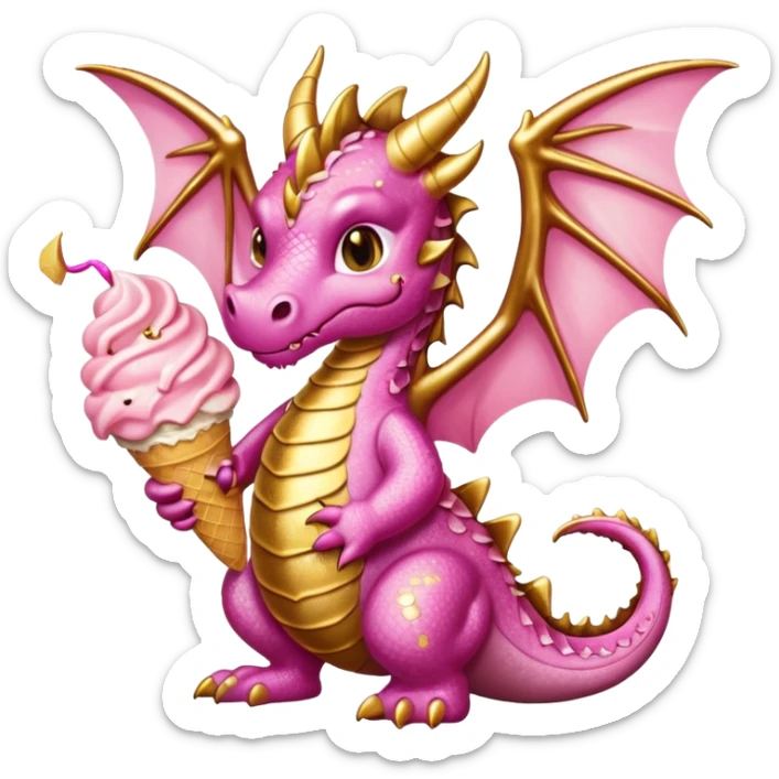 A dragon with its shiny glittered wings in pink tones and pink and gold legs, eats vanilla and chocolate ice cream sticker