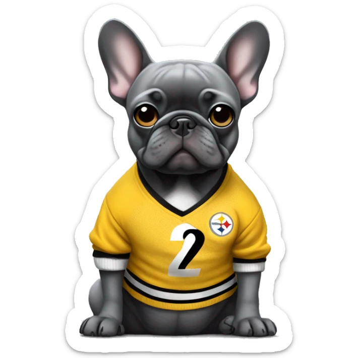 Full body Grey frenchie wearing a Pittsburgh Steelers sweater sticker
