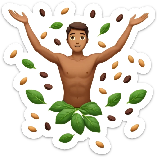 Man floating relaxed in the air with arms spread out, appearing weightless and serene, surrounded by floating pieces of dark chocolate, golden almonds, and green spinach leaves circling around him. The foods emit a subtle glow as they orbit the peaceful floating man. sticker