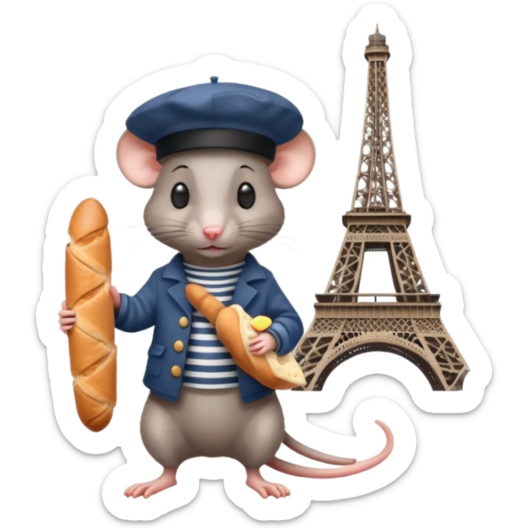 Rat wearing a beret and striped shirt holding a baguette with Eiffel Tower in background sticker