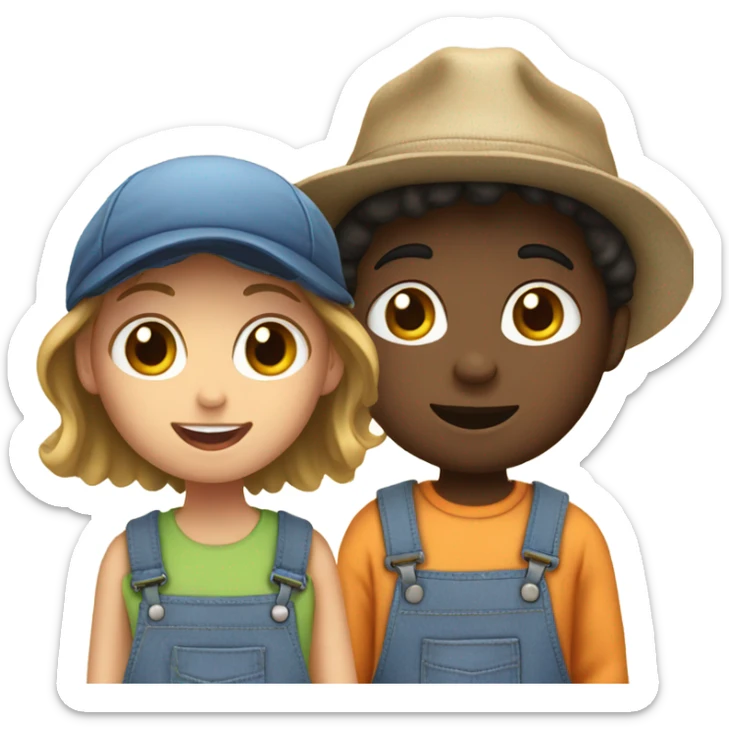 boys in overalls with hats. Person on left is a girl sticker