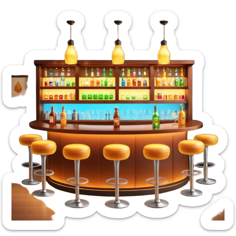 A 3D cartoon bar interior with bottles on glass shelves, counter lighting, high stools, and glowing drink glasses, warm ambient light, realistic Memoji-style. sticker