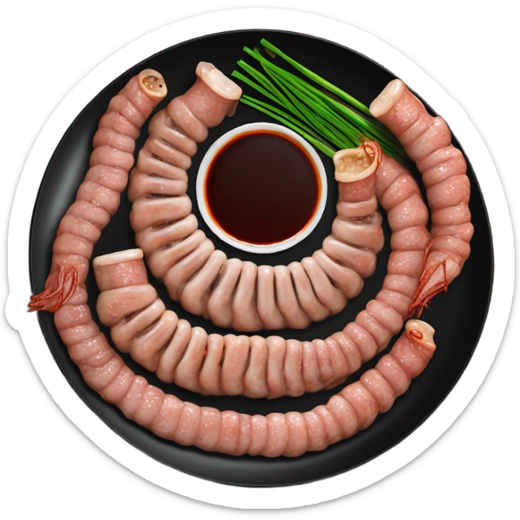 Korean grilled intestines platter with chives, garlic, and spicy sauce, served on a black plate sticker