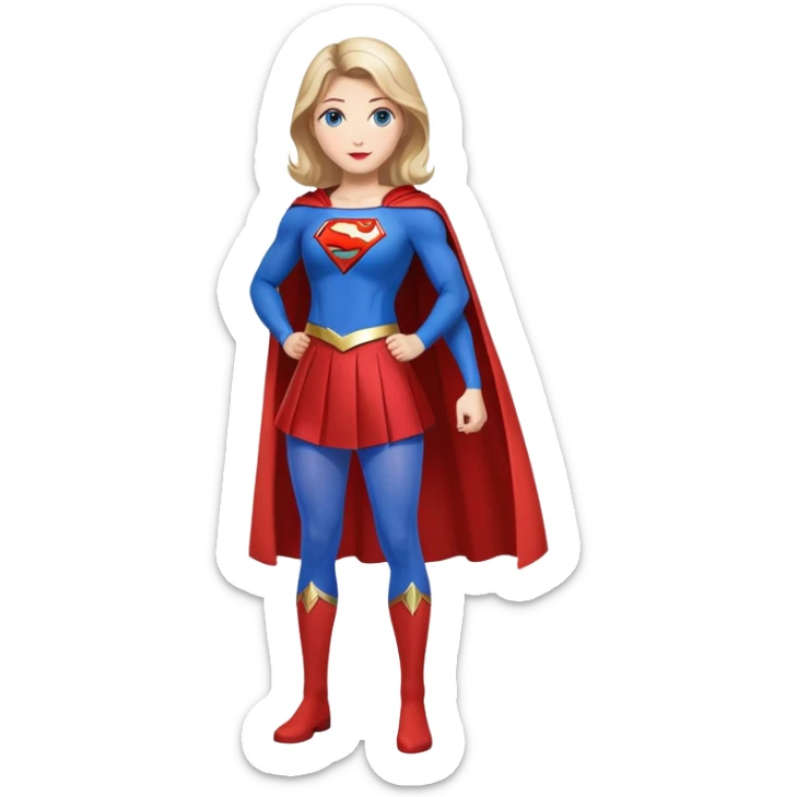 Supergirl superhero full body, blue tights with red skirt, red cape and S emblem on chest sticker