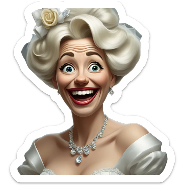 Laughing insane bride in Uncle Scrooge style, oil paint, mysterious eyes, intricate lips, masterpiece pose, odd perspective, beautiful, desirable, logical sticker