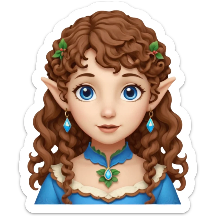 Kind Girl toymaker wood carving elf. Blue eyes. brown (just below chin length) wavy curly hair & bangs. Whimsical playful  sticker