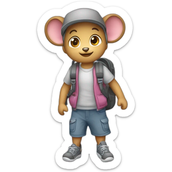 Raton estilo animado, de color gris, paras y brazos largos, nariz rosada pequeña y abdomen blanco, caracterizado como un estudianre preescolar, con mochila y tomado de la mano de su mamá  sticker