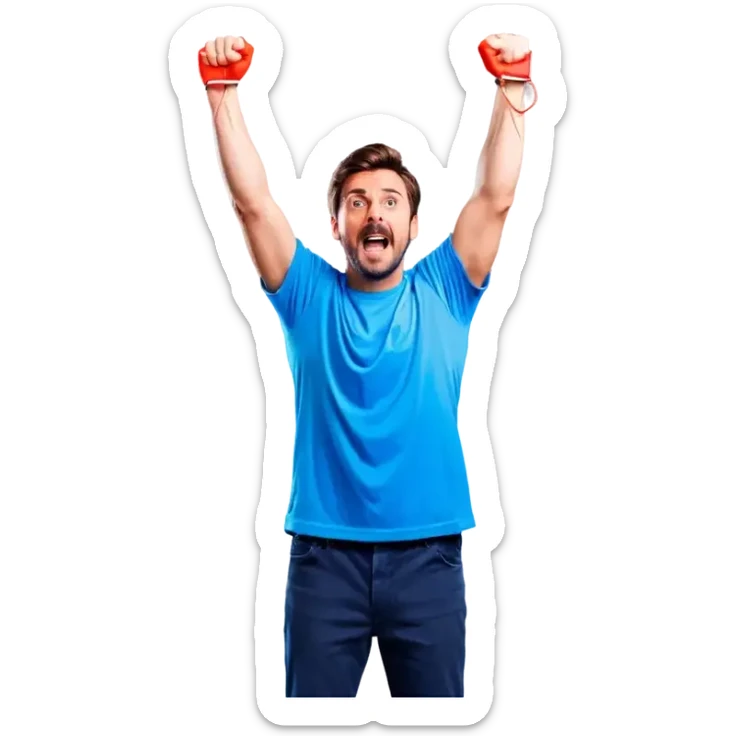 Man holding both arms in the air and holding an electrical cable der Man looks sad sticker