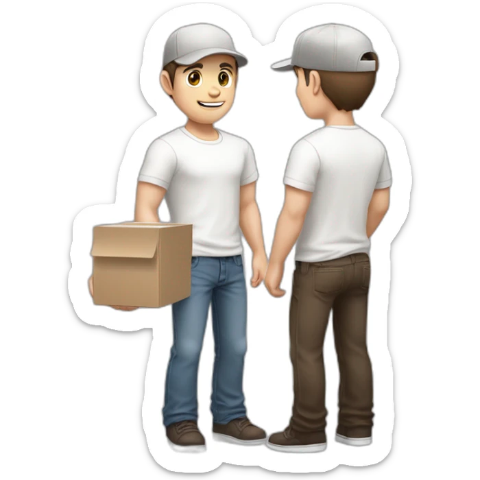Pale skinned fit Man with dark brown hair in a light gray cap, dark brown jeans, brown polo and white T-shirt keeping a pasted with tape white box into his hands sticker