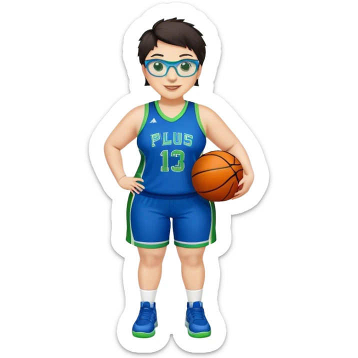 Full Body plus size white female basketball player with short dark hair with highlights spike hair wearing blue glasses  wearing blue green uniform smiling sticker