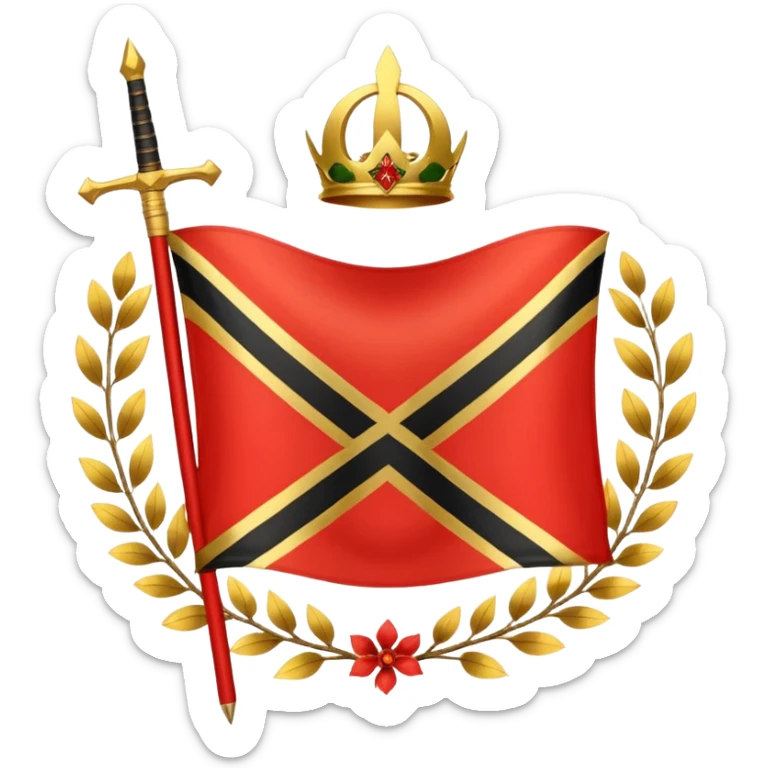 two red diagonal stripes black stripe flag with golden wreath and golden sword in center sticker