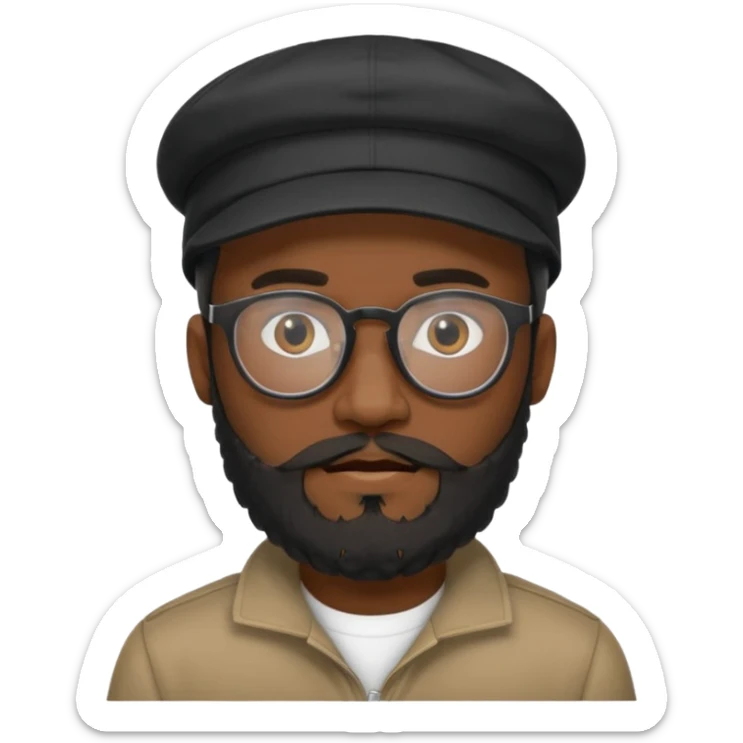 A stylish black man wearing glasses, with a full beard, wearing a black cap, realistic, high detail, studio lighting. sticker