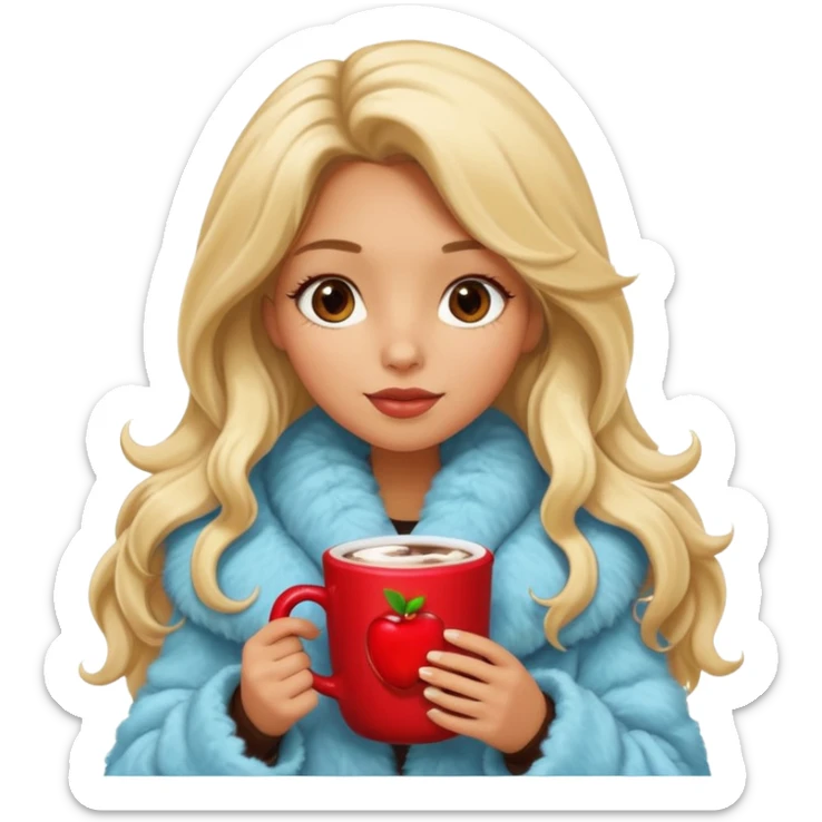 Tanned Girl with lashes , blonde hair, in an extremely big fluffy oversized coat and hold hot chocolate drink and more look like apple emoji face sticker