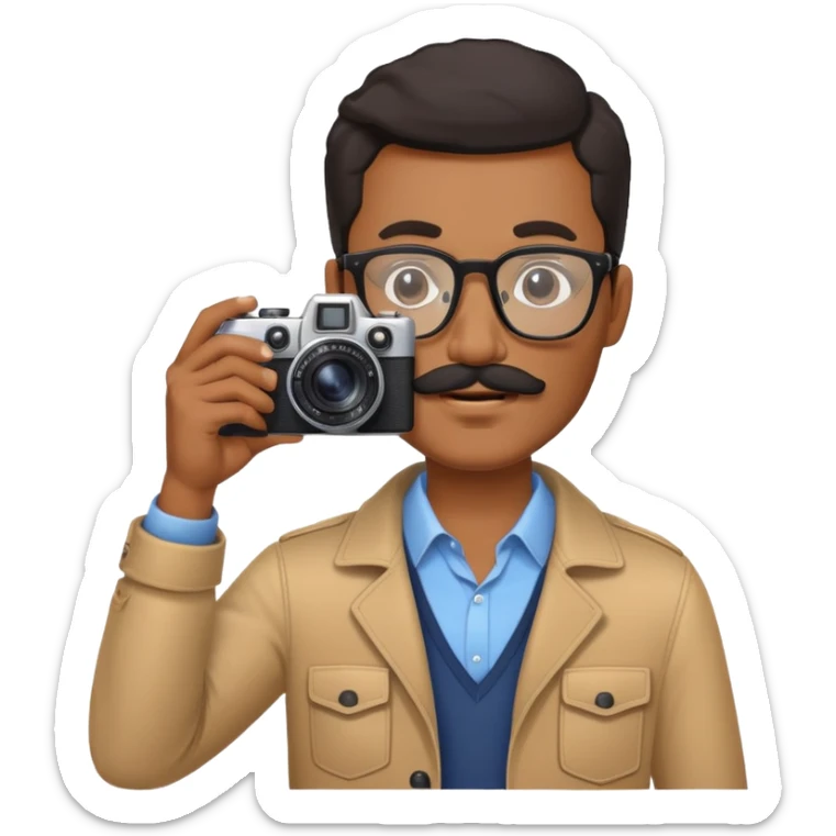 blackman, glasses, and black moustache with a fujifim camera, taking pictures sticker