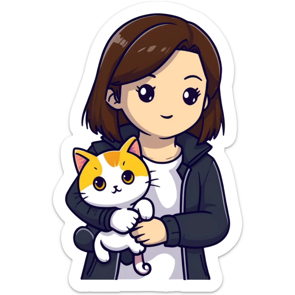 Light-skinned girl with brown straight hair wearing a black jacket, with a white cat with yellow eyes and a calico cat sticker