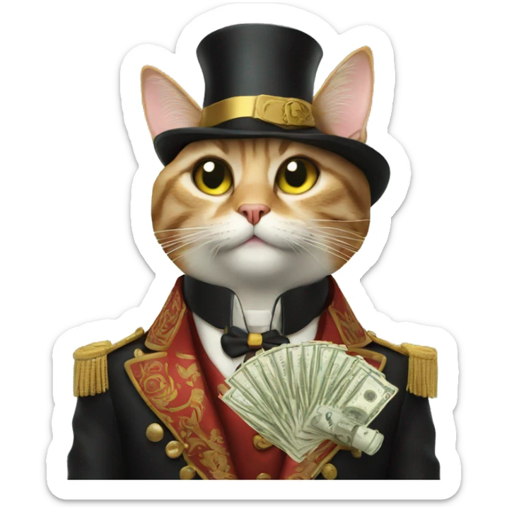 Cat with a cigarette with money signs in his eyes wearing fancy clothes sticker