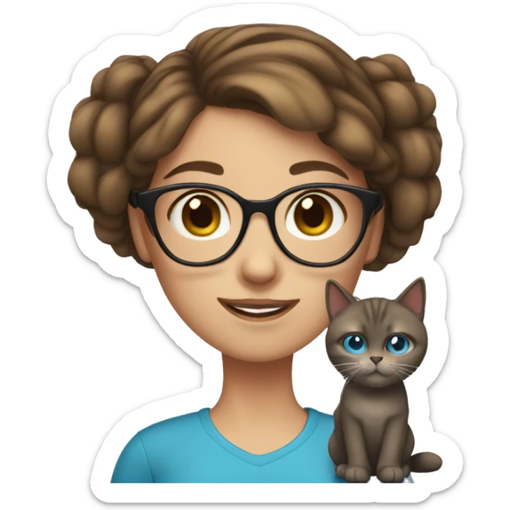 girl with blue eyes, glasses and medium brown hair and cats sticker