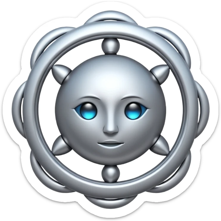 abstract amulet emoji, liquid metal form, symmetrical design, mystical futuristic 3D icon, isolated on white sticker