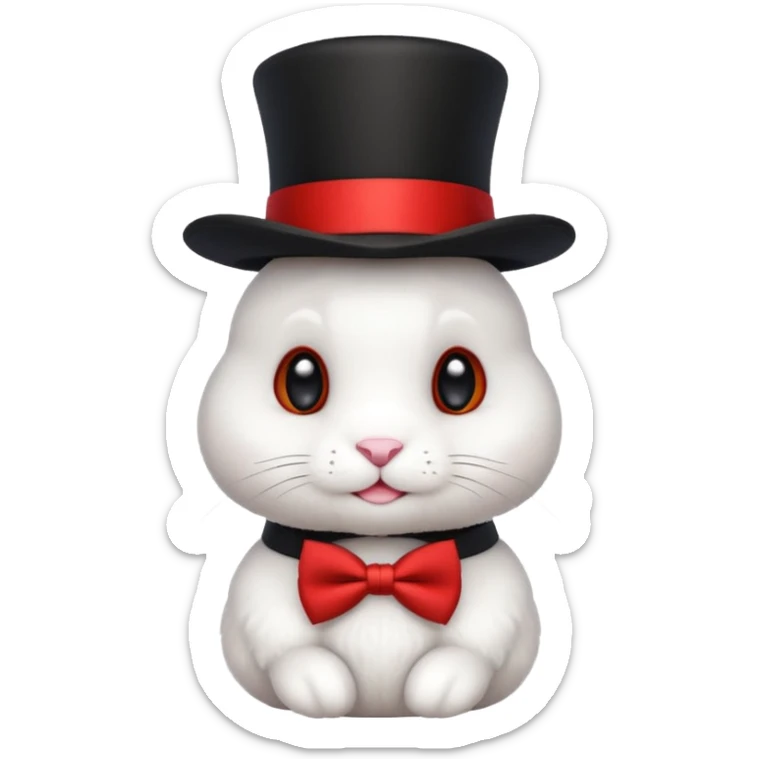 Cute emoji-style white bunny wearing a black top hat with a red band and a red bow tie, big round eyes, fluffy fur, clean mascot style, centered, transparent background, 1:1 ratio. sticker