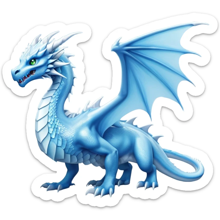 Cinematic Noble elegant Ice Dragon full body Emoji, Poised and imposing, distinct long elegant snout, with a slender, scaled body shimmering in glacial hues of icy blue, frostbitten silver, and crystalline white, breathing out frost, with piercing, glowing eyes that radiate the chilling depths of an arctic storm; rendered in detail. displaying its wings sticker