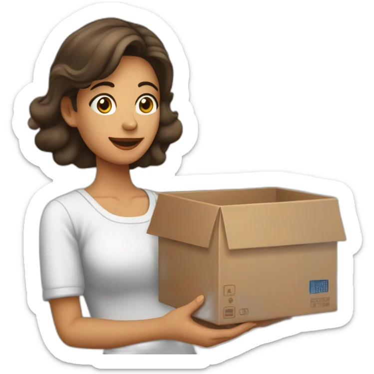 Mujer en plano americano con una caja en la mano que dice Siltof sticker