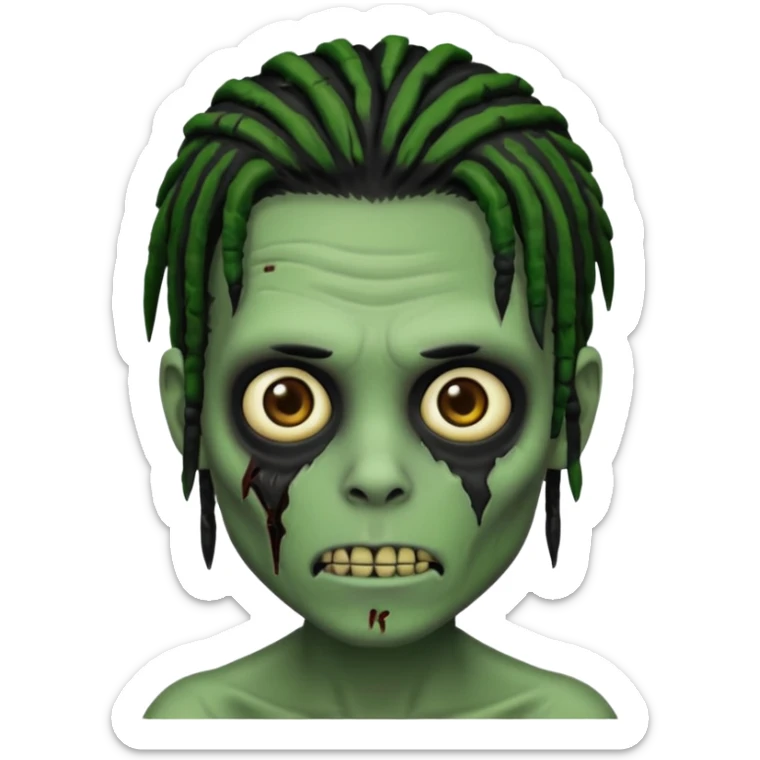 make a zombie boy emoji (headshot only) that has black dreads with green skin and some facial scars sticker